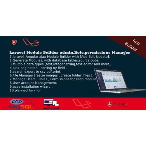 Dashboard Builder CRUDUsersRolesPermissionFiles ManagerInvoices